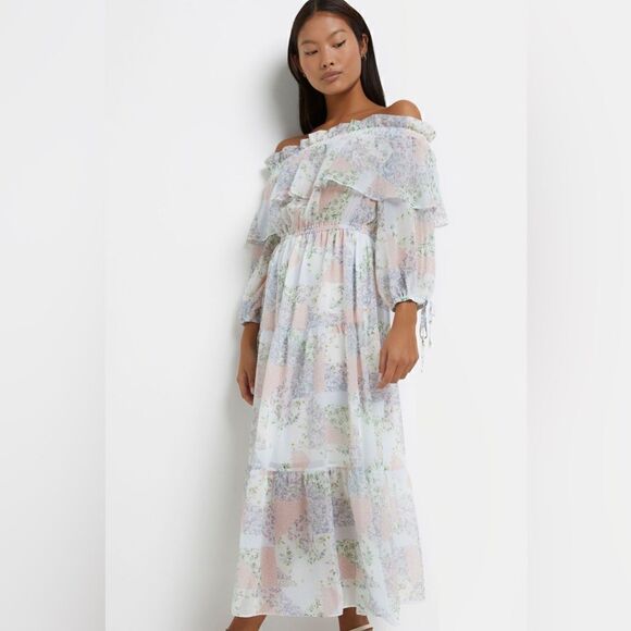 NWT River Island Maxi Blue Dress Petite Floral Bardot Size 2 - Picture 5 of 14